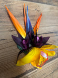 Yellow and Eggplant Purple Orchid Hair Clip with Bird of Paradise Leaves