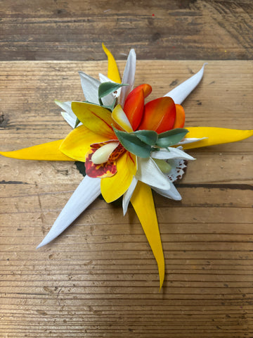 Yellow and Orange Orchid Hair Clip with Bird of Paradise Leaves