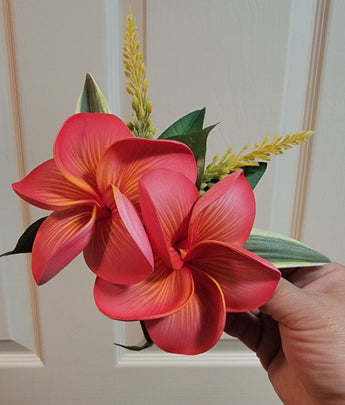 Red Double Plumeria Hair Clip with Greens