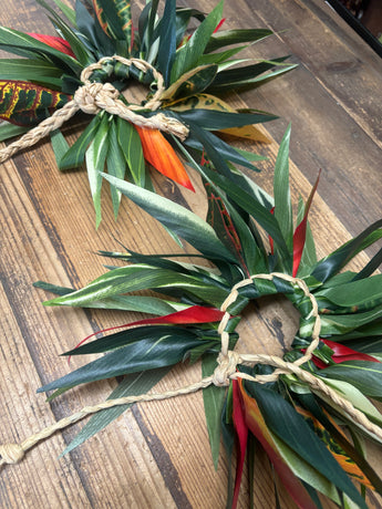 Ready to Ship-  Artificial Green and Red Ti Leaf with Croton Bun Ties