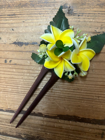 Wooden Plumeria Hair Pick- Yellow