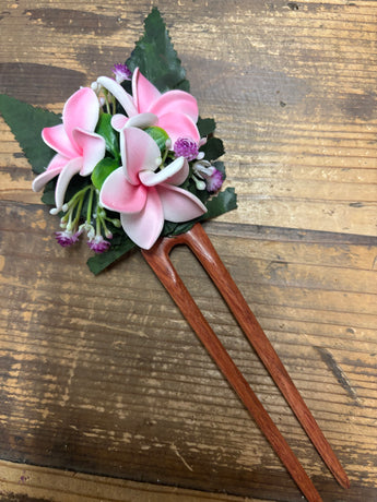 Wooden Plumeria Hair Pick- Pink