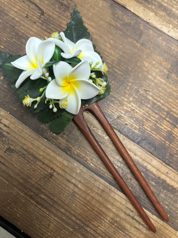 Wooden Plumeria Hair Pick- White