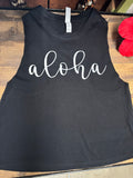 Ladies Racerback Crop Tank Top- Cursive "Aloha”