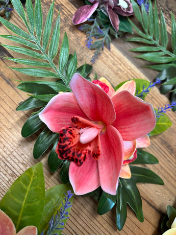 Pink Orchid with Palm and Croton Leaves Hair Clip Flower