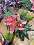 Pink Orchid with Palm and Croton Leaves Hair Clip Flower