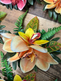 Yellow Double Orchid with Fern and Croton Leaves Hair Clip Flower