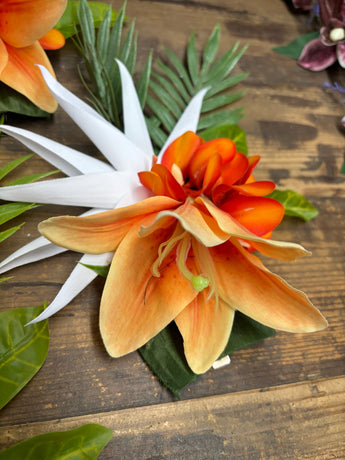 Orange and White Calla Lily Hair Clip Flower and Palm Leaves