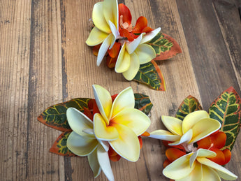 Yellow Plumeria and Croton Leaf Hair Clip