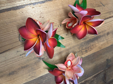 Maroon Plumeria and Peach Orchid Hair Clip