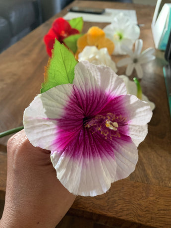 Real Touch Hibiscus Flower Pick- White with Purple